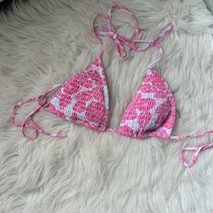 SHEIN Pink and White Smocked Triangle Bikini Top